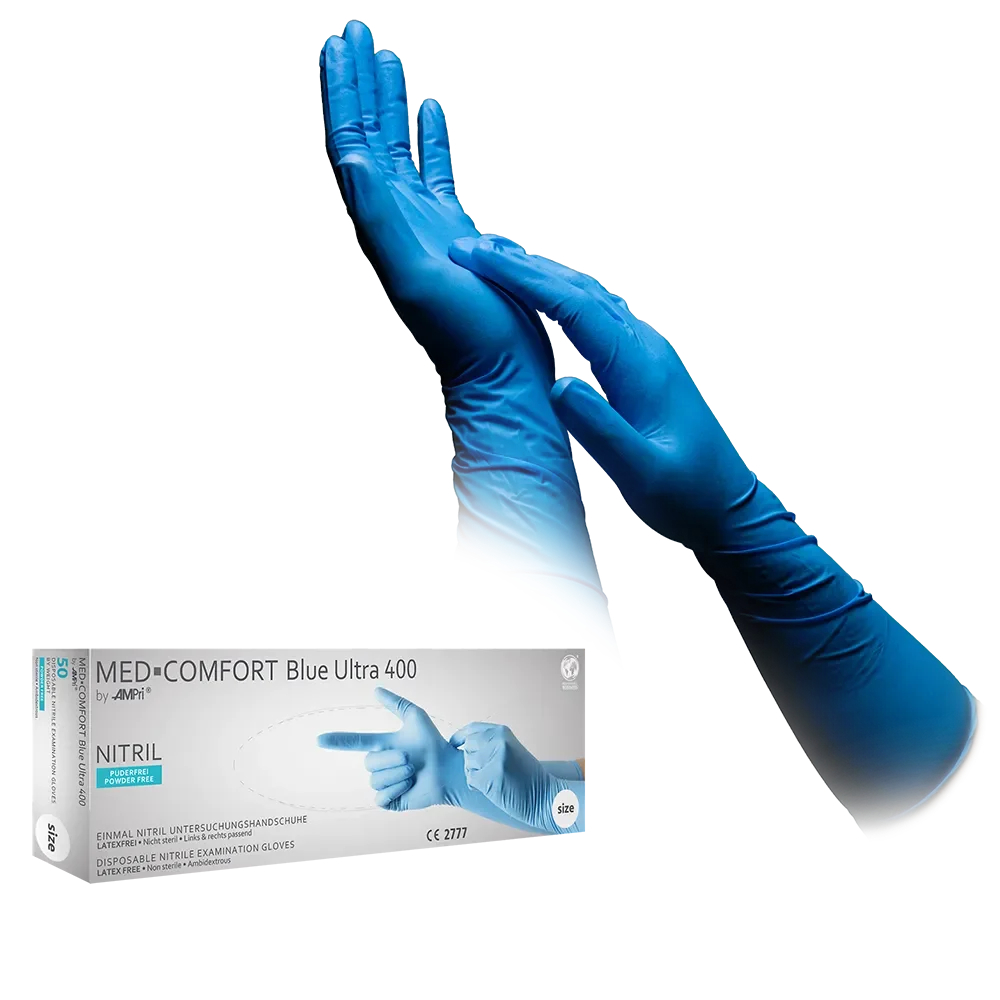 AMPRI-Einwegschutz, Einweg-Nitril-Handschuhe, Einmalhandschuhe, MED COMFORT BLUE ULTRA 400, puderfrei, blau, VE = 20 Pkg. á 50 Stück