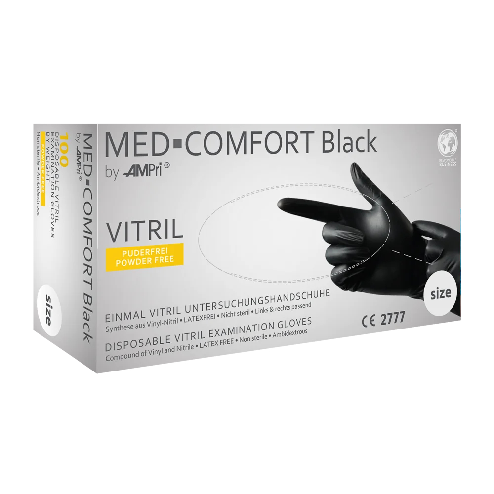 AMPRI-Einwegschutz, Einweg-Black-Vitril-Untersuchungshandschuhe, MED COMFORT, puderfrei, unsteril, VE = Pkg. á 100 Stück, schwarz