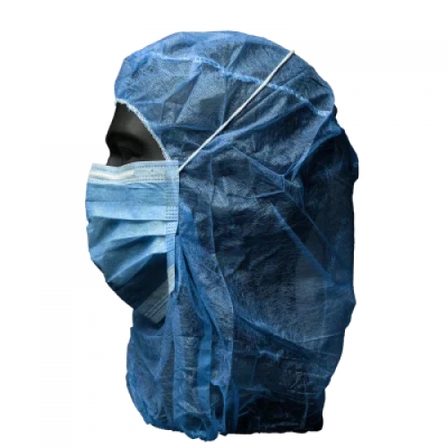 AMPRI-Einwegschutz, Einweg-Astronautenhauben, MED COMFORT, 2-lagig, mit Mundschutz, VE = Pkg. á 100 Stück, blau