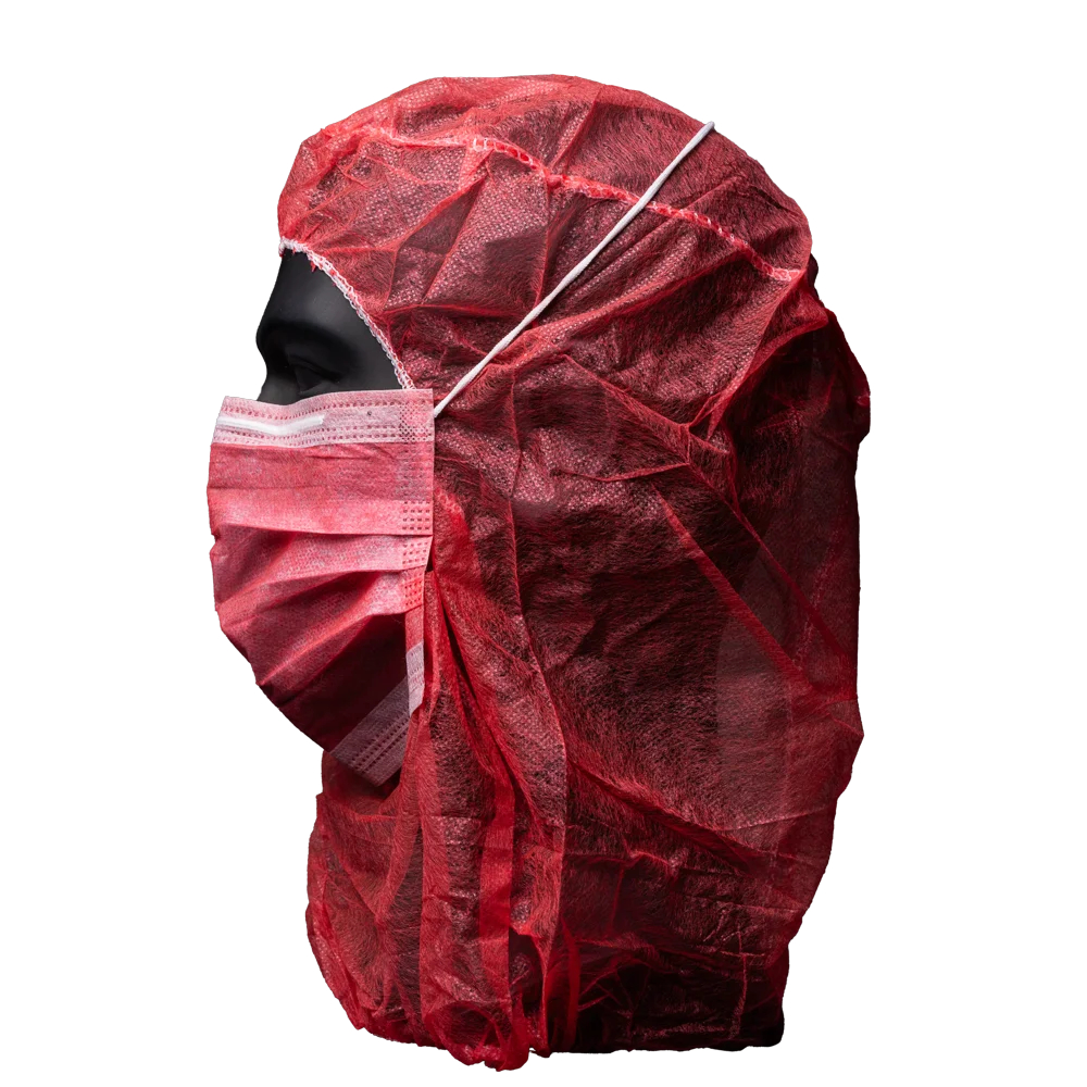 AMPRI-Einwegschutz, Einweg-Astronautenhauben, MED COMFORT, 2-lagig, mit Mundschutz, VE = Pkg. á 100 Stück, rot