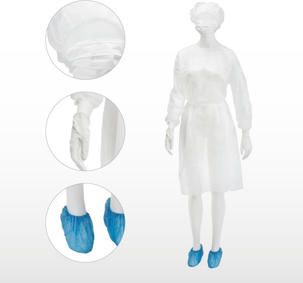 AMPRI-Einwegschutz, Einweg-Personen-Schutzset, MED COMFORT, Kittel, Handschuhe, Mundschutz, Baretthaube, Überschuhe, VE = 50 Stück, weiß