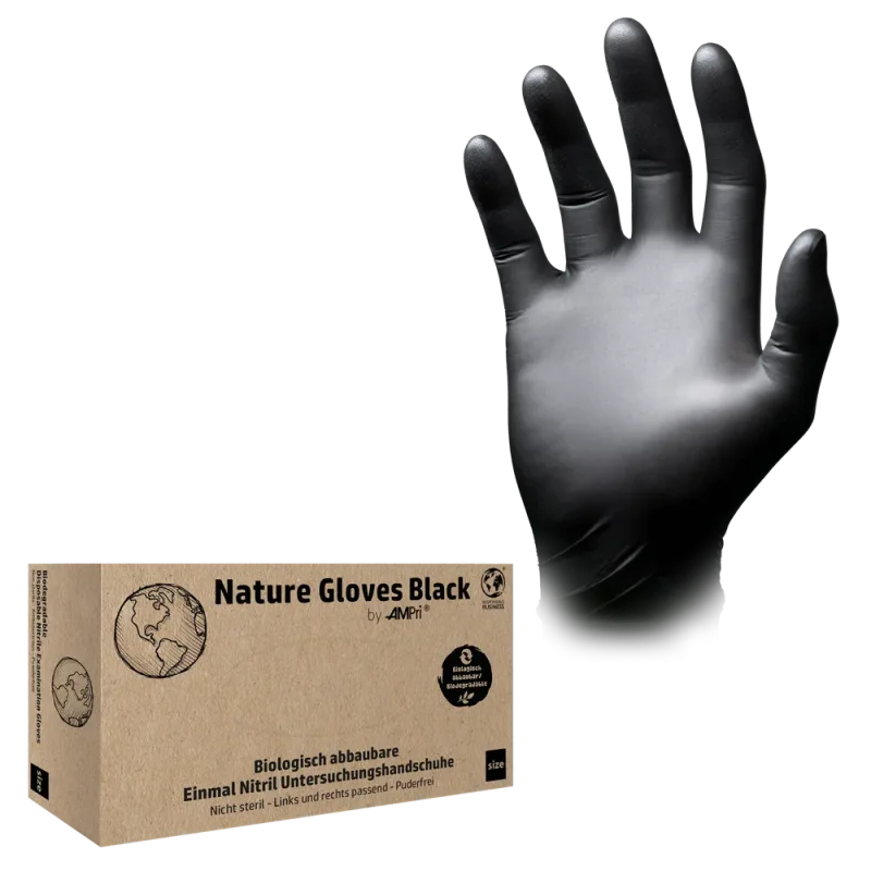 AMPRI-Einwegschutz, Nature Gloves Black, Nitril-Untersuchungshandschuh, puderfrei, schwarz