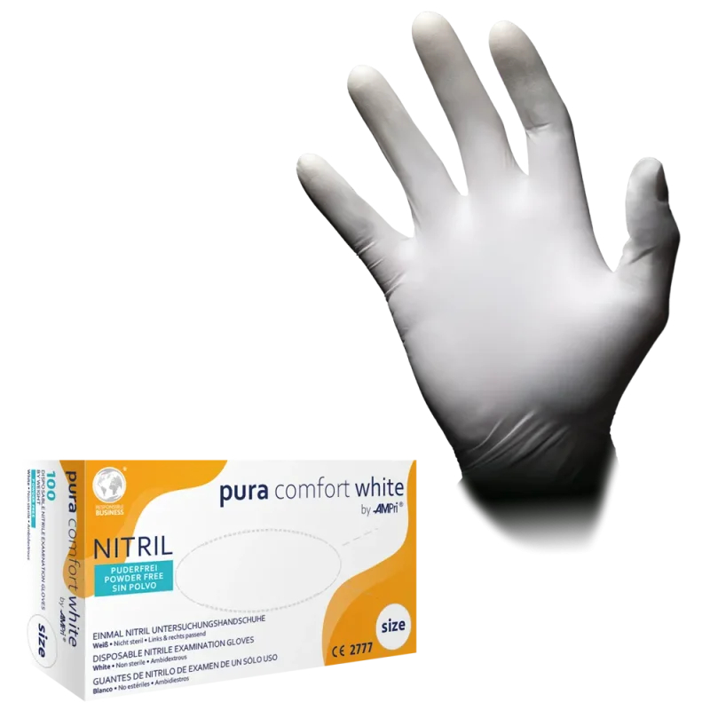 AMPRI-Einwegschutz, Einweg-Nitrilhandschuhe, PURA COMFORT, puderfrei, unsteril, VE = Pkg. á 100 Stück, weiß