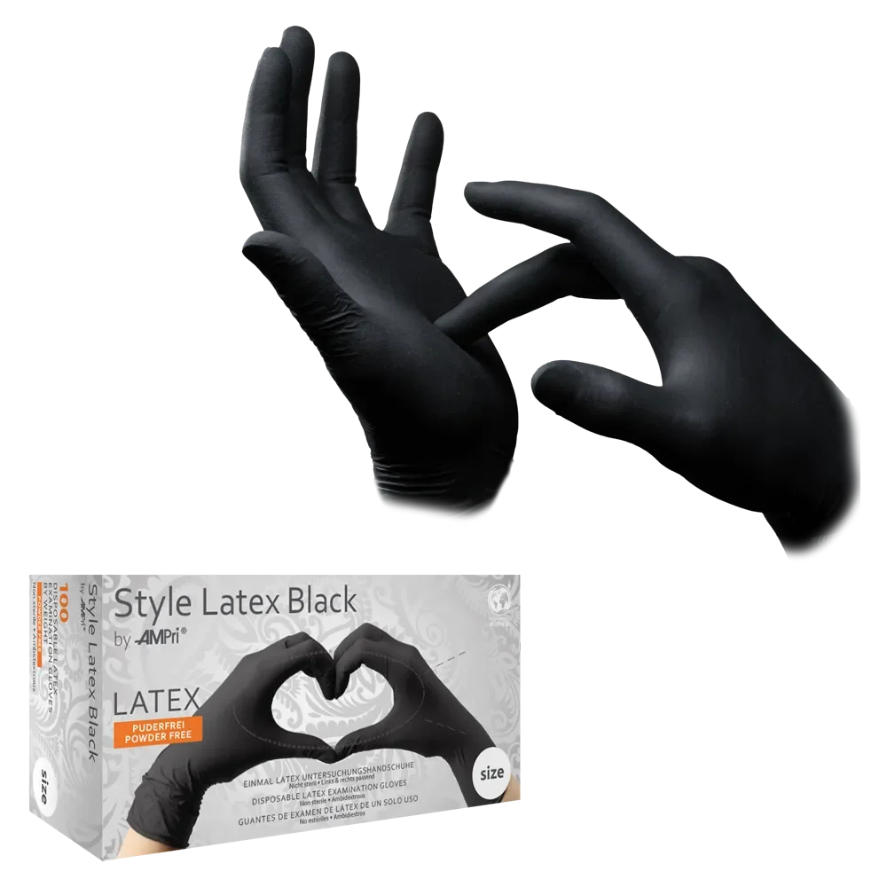 AMPRI-Einwegschutz, Einweg-Latex-Untersuchungshandschuhe, STYLE LATEX BLACK, puderfrei, VE = Pkg. á 100 Stück, schwarz