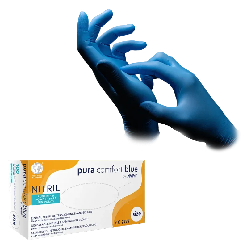 AMPRI-Einwegschutz, Einweg-Nitril-Handschuhe, Einmalhandschuhe, Pura Comfort Blau, puderfrei, blau, VE = 10 Pkg. á 100 Stk.