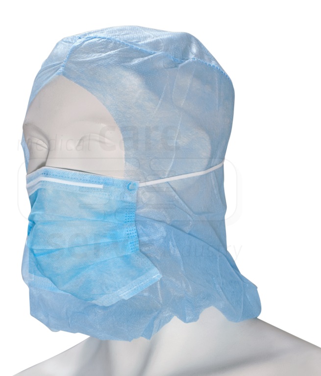 care&serve-Einwegschutz, Einweg-Vlies Hauben, Astro mit Mundschutz 2 lagig, Polybeutel, Pkg. á 100 Stück, VE = 1000 Stück, blau