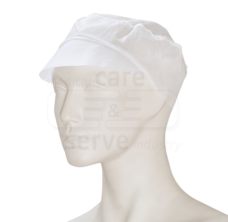 care&serve-Einwegschutz, Einweg-Vlies Schirmmütze, Gummizug im Nacken, Polybeutel, Pkg á 100 Stück, VE = 1000 Stück, weiß