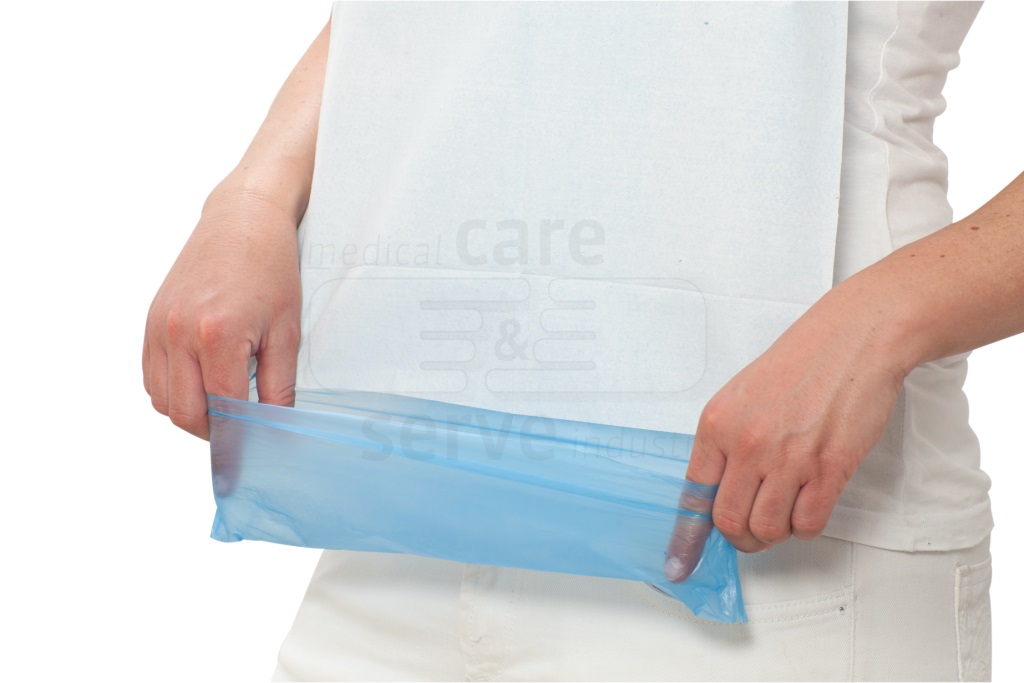 care&serve-Einwegschutz, Einweg-PE Lätzchen, Tissue Papier Beschichtung, Bänder im Nacken, 37 x 66 cm, Pkg á 50 Stück, VE = 1000 Stück, blau, weiß