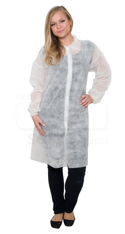 Einweg-Vlies Mantel, Druckknöpfe, ohne Taschen, Polybeutel, 23 g/m², 145 x 115 cm, Pkg á 5 Stück, VE: 100 Stück, weiß
