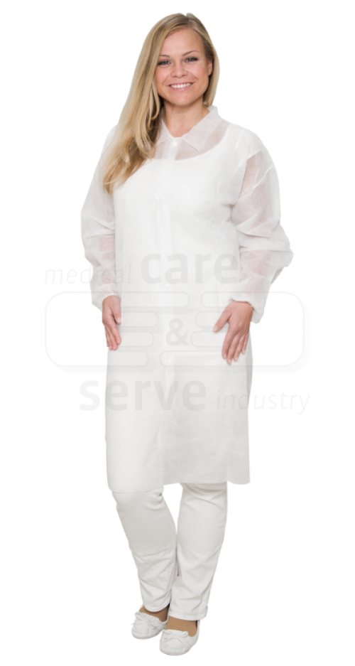 care&serve-Einwegschutz, Einweg-Vlies Mantel, Druckknöpfe, ohne Taschen, 30 g/m², 145 x 115 cm, VE = 50 Stück, weiß