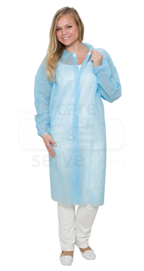 care&serve-Einwegschutz, Einweg-Vlies Mantel, Klettverschlüsse, ohne Taschen, 30 g/m², 140 x 110 cm, VE = 50 Stück, blau