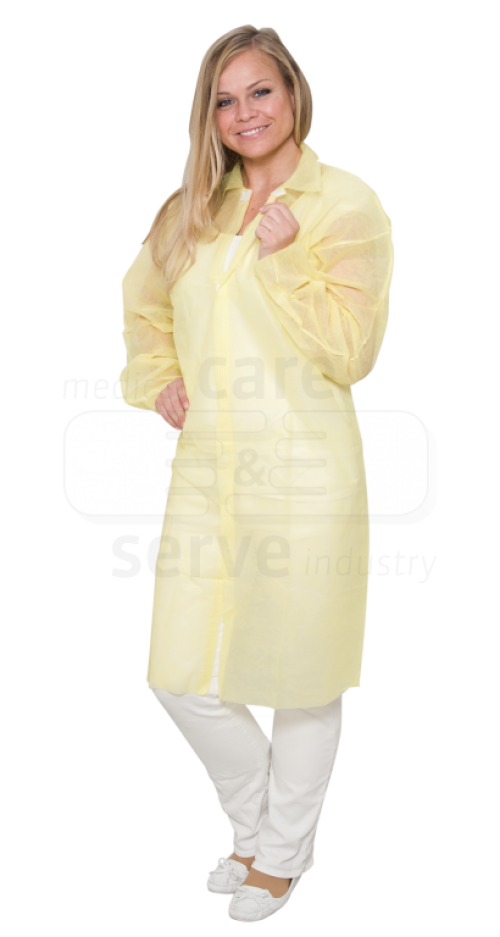 care&serve-Einwegschutz, Einweg-Vlies Mantel, Klettverschlüsse, ohne Taschen, Polybeutel, 30 g/m², 150 x 120 cm, VE = 50 Stück, gelb