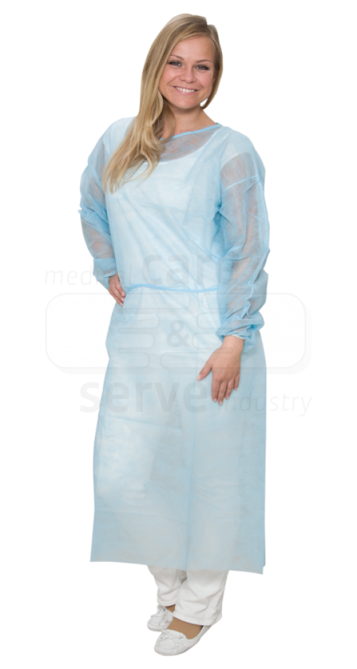 care&serve-Einwegschutz, Einweg-Vlies Kittel, Gummizugbündchen, Polybeutel, 23 g/m², 140 x 130 cm, Pkg á 10 Stück, VE = 100 Stück, blau