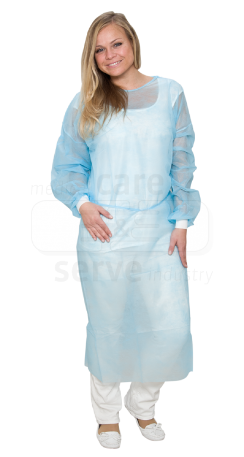care&serve-Einwegschutz, Einweg-Vlies Kittel, Strickbündchen, Polybeutel, 23 g/m², 160 x 140 cm, Pkg á 10 Stück, VE = 100 Stück, blau