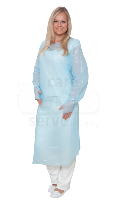 care&serve-Einwegschutz, Einweg-CPE Schutzkittel, Daumenschlaufen, Halsausstanzung, gemäß EN 14126, Polybeutel, 98 x 120 cm, Pkg á 25 Stück, VE = 100 Stück, blau