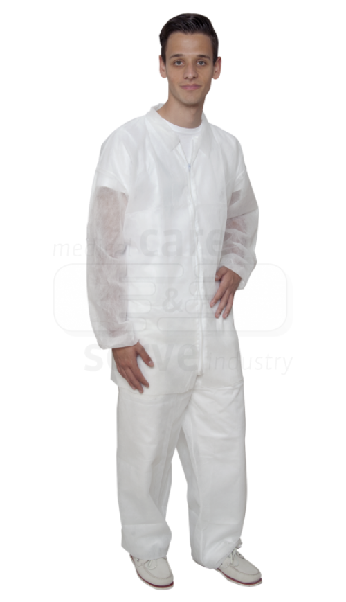 care&serve-Einwegschutz, Einweg-Vlies Jacke, kurz, Bänder im Nacken, Reißverschluss, Innentasche, 30 g/m², Polybeutel, 150 x 90 cm, VE = 50 Stück, weiß