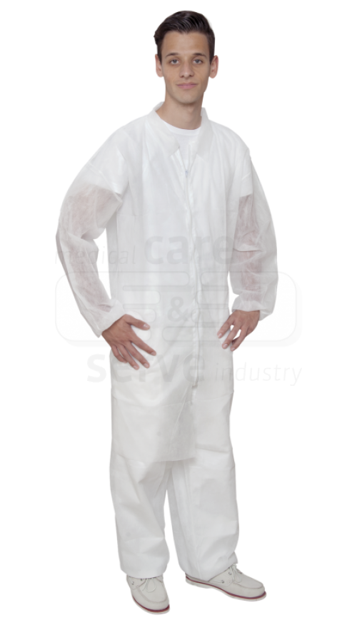 care&serve-Einwegschutz, Einweg-Vlies Jacke, lang, Bänder im Nacken, Reißverschluss, 30 g/m², Polybeutel, 145 x 115 cm, VE = 50 Stück, weiß