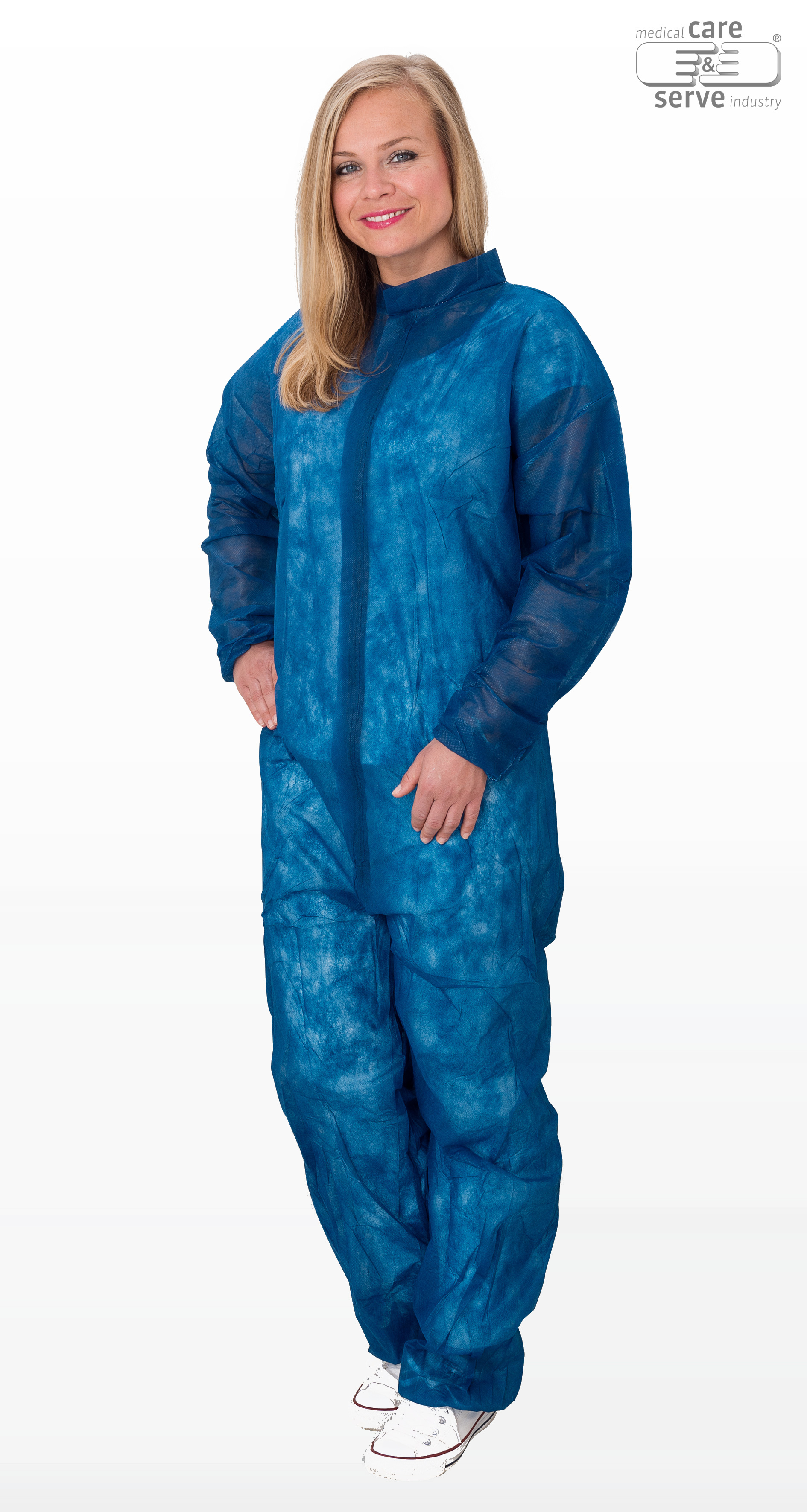 care&serve-Einwegschutz, Vlies-Einweg-Overall, Schutzanzug, Einmal-Schutzoverall, mit Kragen, 32 g/m², 158 x 188 cm, VE = 50 Stück, dunkelblau