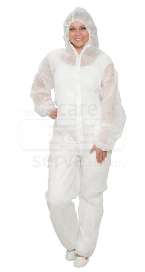 care&serve-Einwegschutz, Vlies-Einweg-Overall, Schutzanzug, Einmal-Schutzoverall, mit Kapuze, 32 g/m², 130 x 171 cm, VE = 50 Stück, weiß