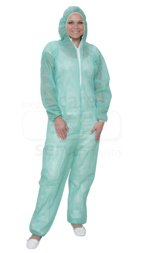 care&serve-Einwegschutz, Vlies-Einweg-Overall, Schutzanzug, Einmal-Schutzoverall, mit Kapuze, 32 g/m², 140 x 178 cm, VE = 50 Stück, grün
