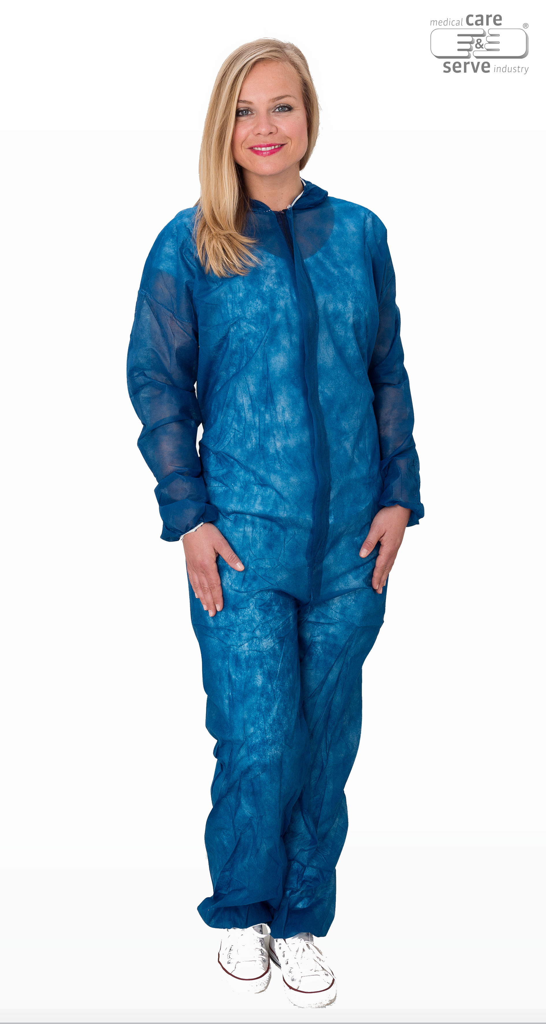 care&serve-Einwegschutz, Vlies-Einweg-Overall, Schutzanzug, Einmal-Schutzoverall, mit Kapuze, 32 g/m², 140 x 178 cm, VE = 50 Stück, dunkelblau