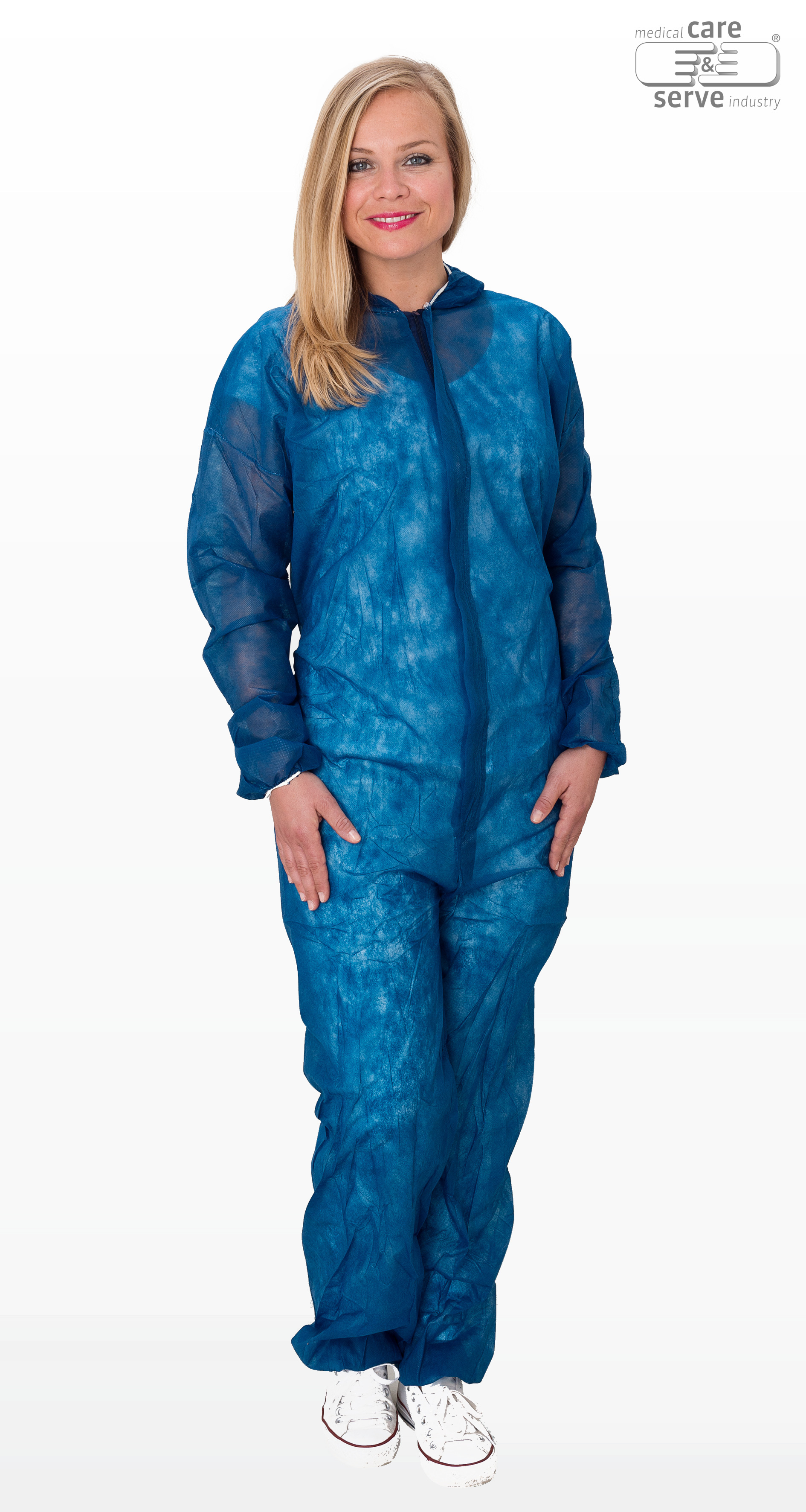 care&serve-Einwegschutz, Vlies-Einweg-Overall, Schutzanzug, Einmal-Schutzoverall, mit Kapuze, 32 g/m², 158 x 188 cm, VE = 50 Stück, dunkelblau