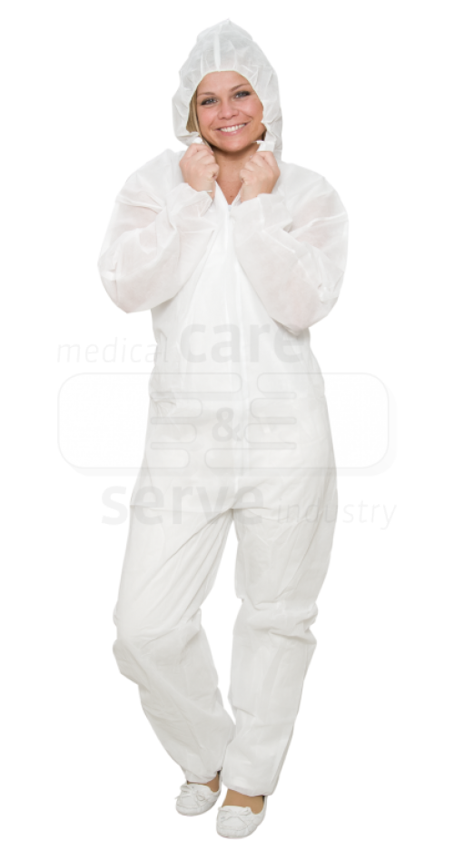 care&serve-Einwegschutz, Vlies-Einweg-Overall, Schutzanzug, Einmal-Schutzoverall, mit Kapuze, extra stark, Polybeutel, 45 g/m², 150 x 183 cm, VE = 50 Stück, weiß