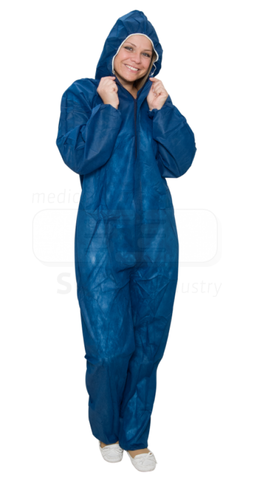 care&serve-Einwegschutz,  Vlies-Einweg-Overall, Schutzanzug, Einmal-Schutzoverall, mit Kapuze, extra stark, Polybeutel, 45 g/m², 150 x 183 cm, VE = 50 Stück, dunkelblau