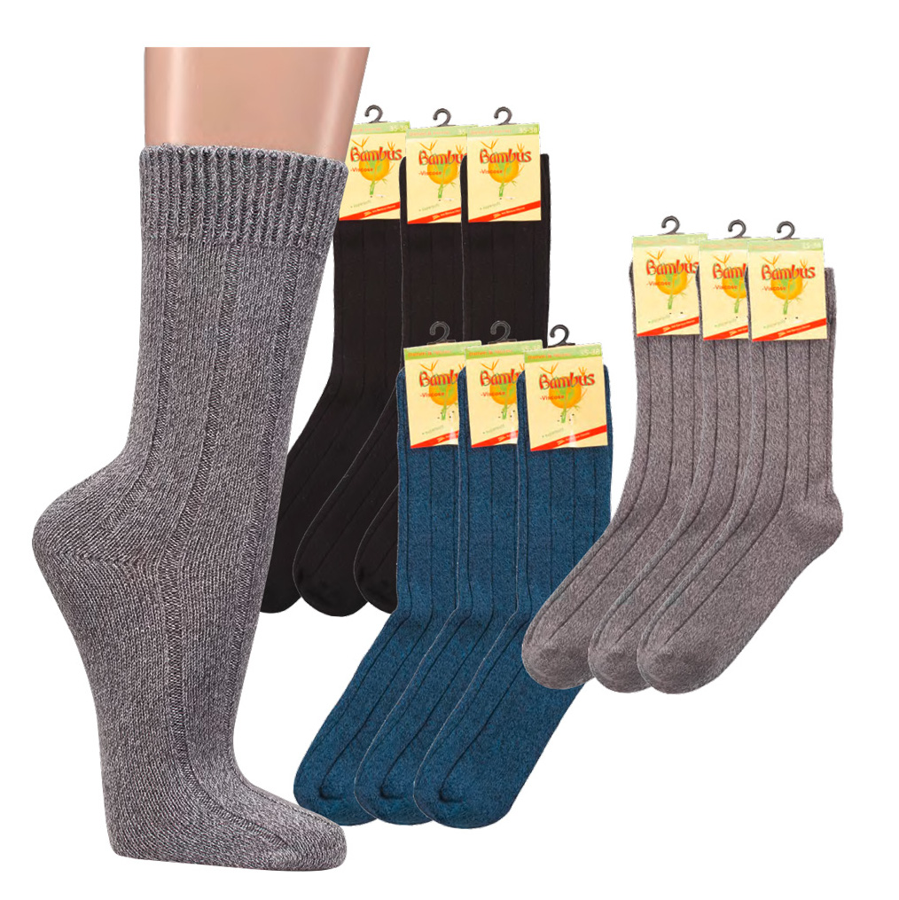 WOWERAT-Workwear, Warme Socken, Bambus, 6-er Teilung, Ripp-Struktur, 3-er Pkg., schwarz