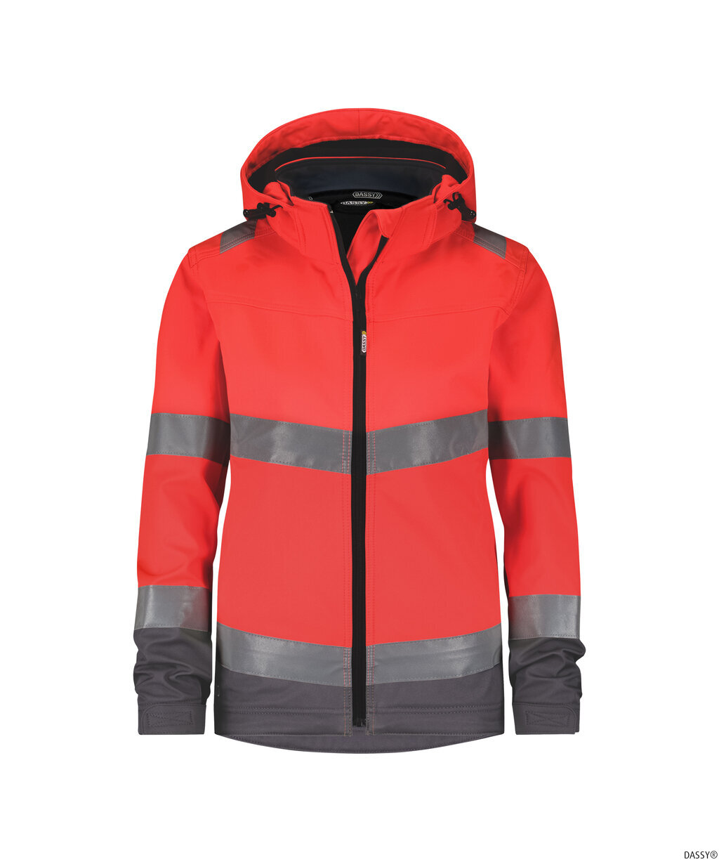 DASSY-Warnschutz, Damen-Warnschutz-Softshelljacke, MALAGA, neonrot/zementgrau