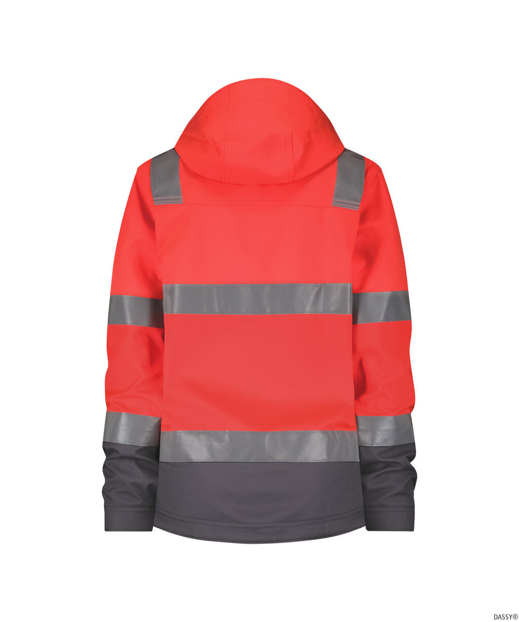 DASSY-Warnschutz, Damen-Warnschutz-Softshelljacke, MALAGA, neonrot/zementgrau