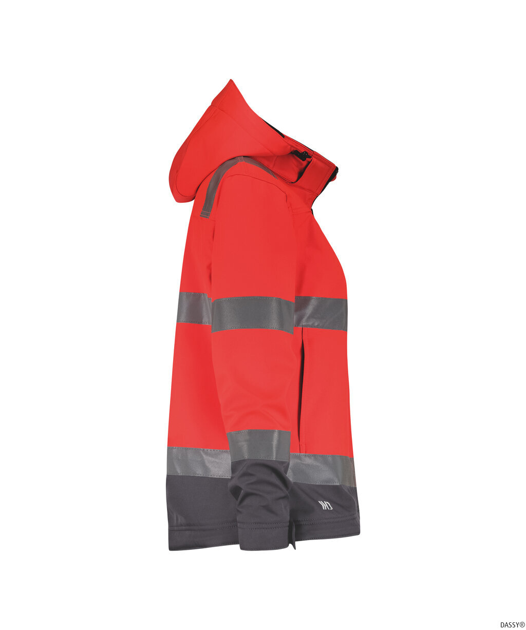 DASSY-Warnschutz, Damen-Warnschutz-Softshelljacke, MALAGA, neonrot/zementgrau