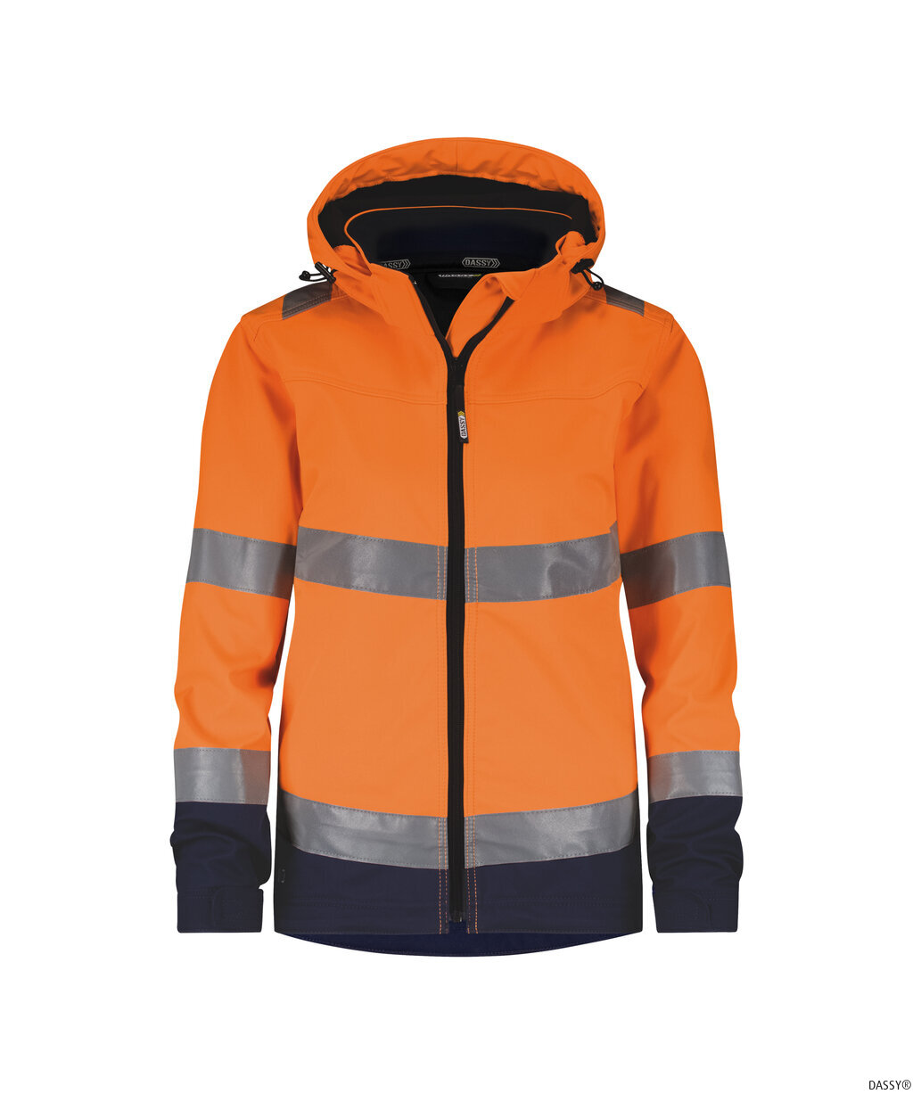 DASSY-Warnschutz, Damen-Warnschutz-Softshelljacke, MALAGA, neonorange/dunkelblau