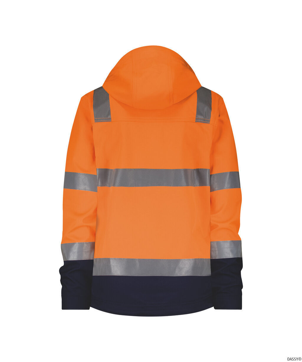 DASSY-Warnschutz, Damen-Warnschutz-Softshelljacke, MALAGA, neonorange/dunkelblau