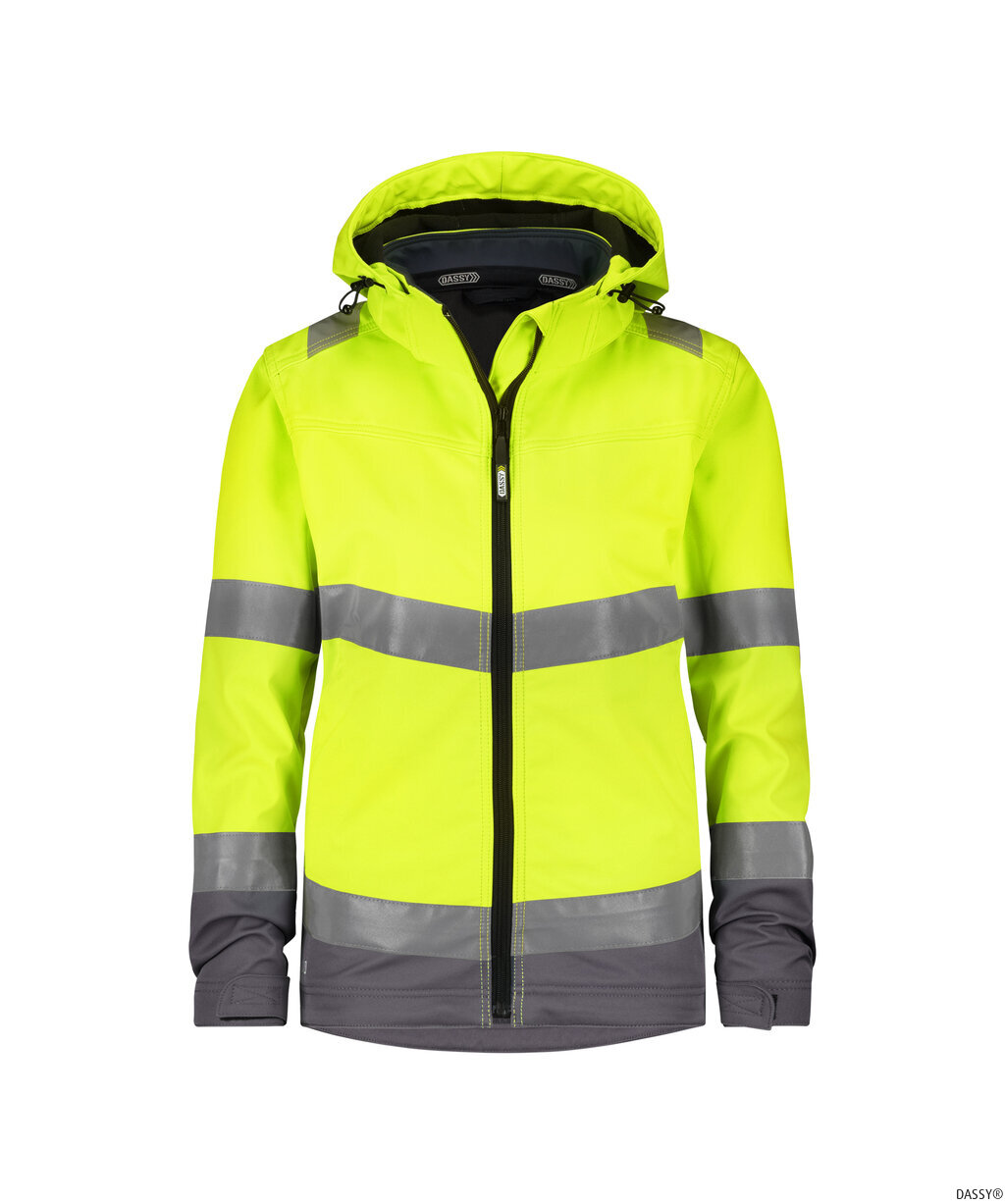 DASSY-Warnschutz, Damen-Warnschutz-Softshelljacke, MALAGA, neongelb/zementgrau