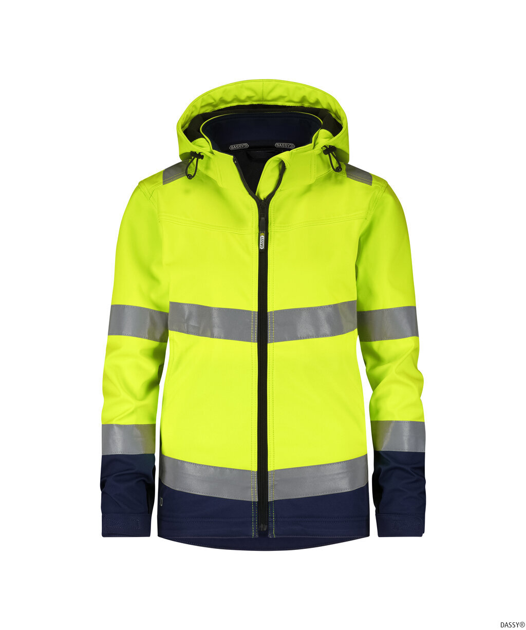 DASSY-Warnschutz, Damen-Warnschutz-Softshelljacke, MALAGA, neongelb/dunkelblau