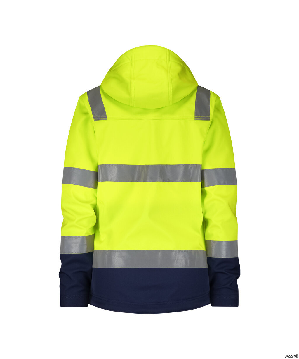 DASSY-Warnschutz, Damen-Warnschutz-Softshelljacke, MALAGA, neongelb/dunkelblau