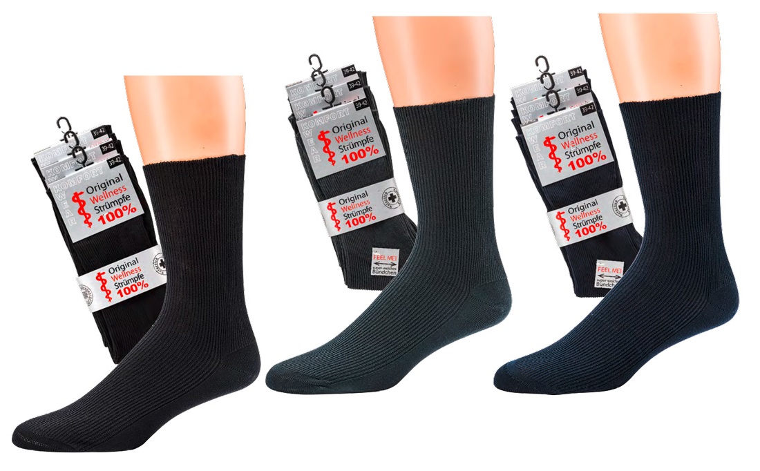 WOWERAT-Herren-Wellness-Socken, 100 % Baumwolle, 1/1-Rippe, 3-er Pkg, schwarz