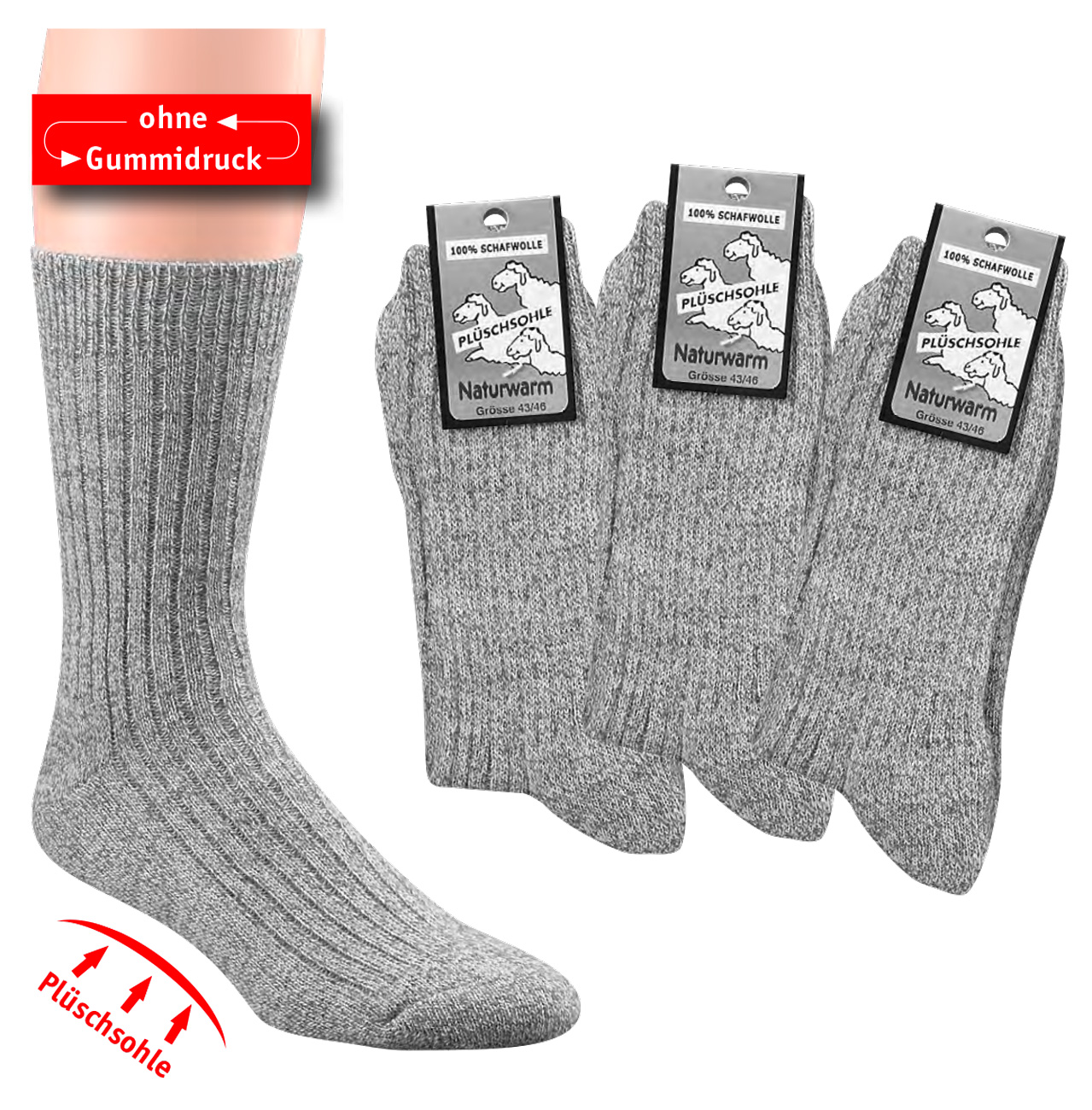 WOWERAT-Workwear, Wellness-Socken, mit Plüschsohle, 100% Schafwolle, ohne Gummizug, 6-er Teilung, 3-er Pkg., graumeliert