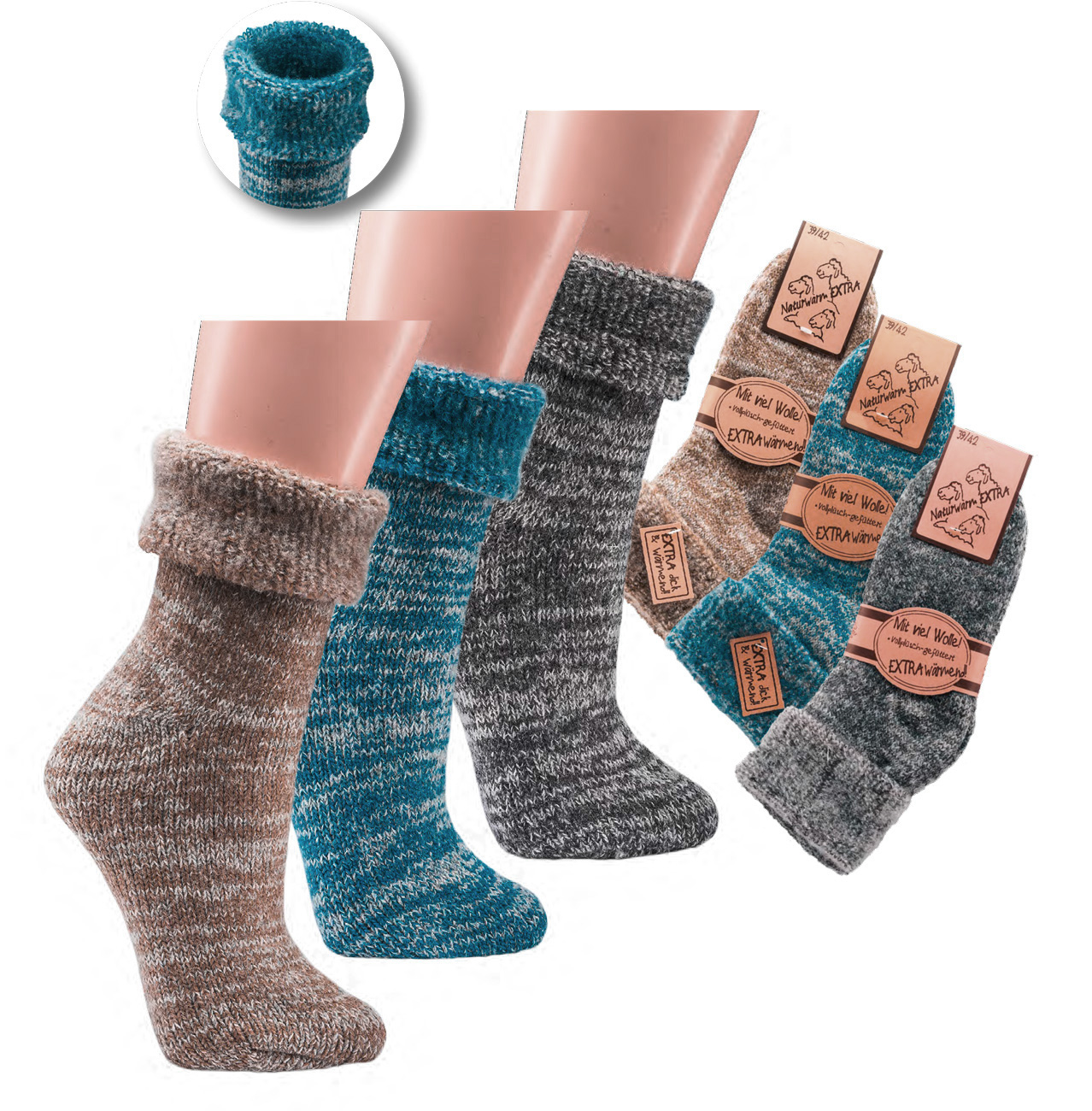 WOWERAT-Workwear, Thermo-Wollsocken, innen geraut mit Umschlag, jeansmelange