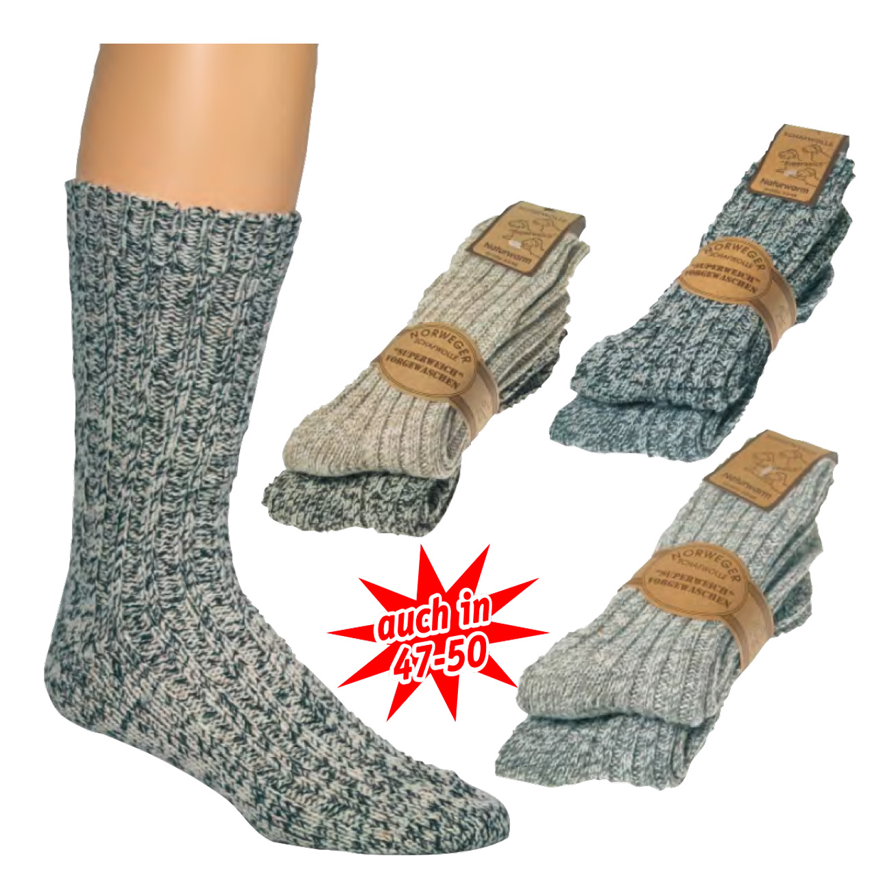WOWERAT-Workwear, Norwegersocken, 3er-Teilung, mit Schafwolle, 2-er Pkg., farbig sortiert