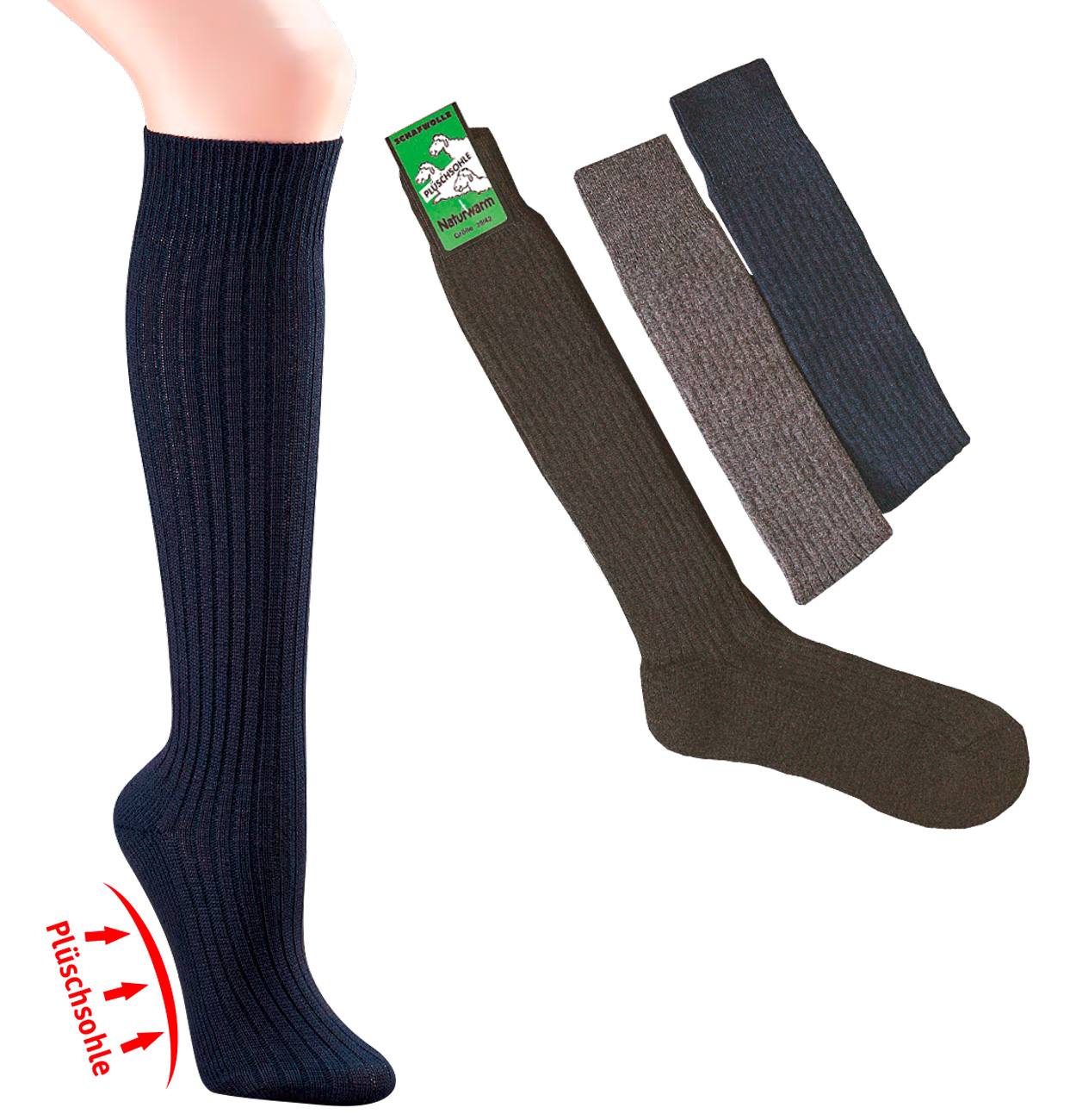 WOWERAT-Workwear, Kniestrümpfe mit Schafwolle, 6er-Teilung, mit Plüschsohle, 3-er Pkg., marine