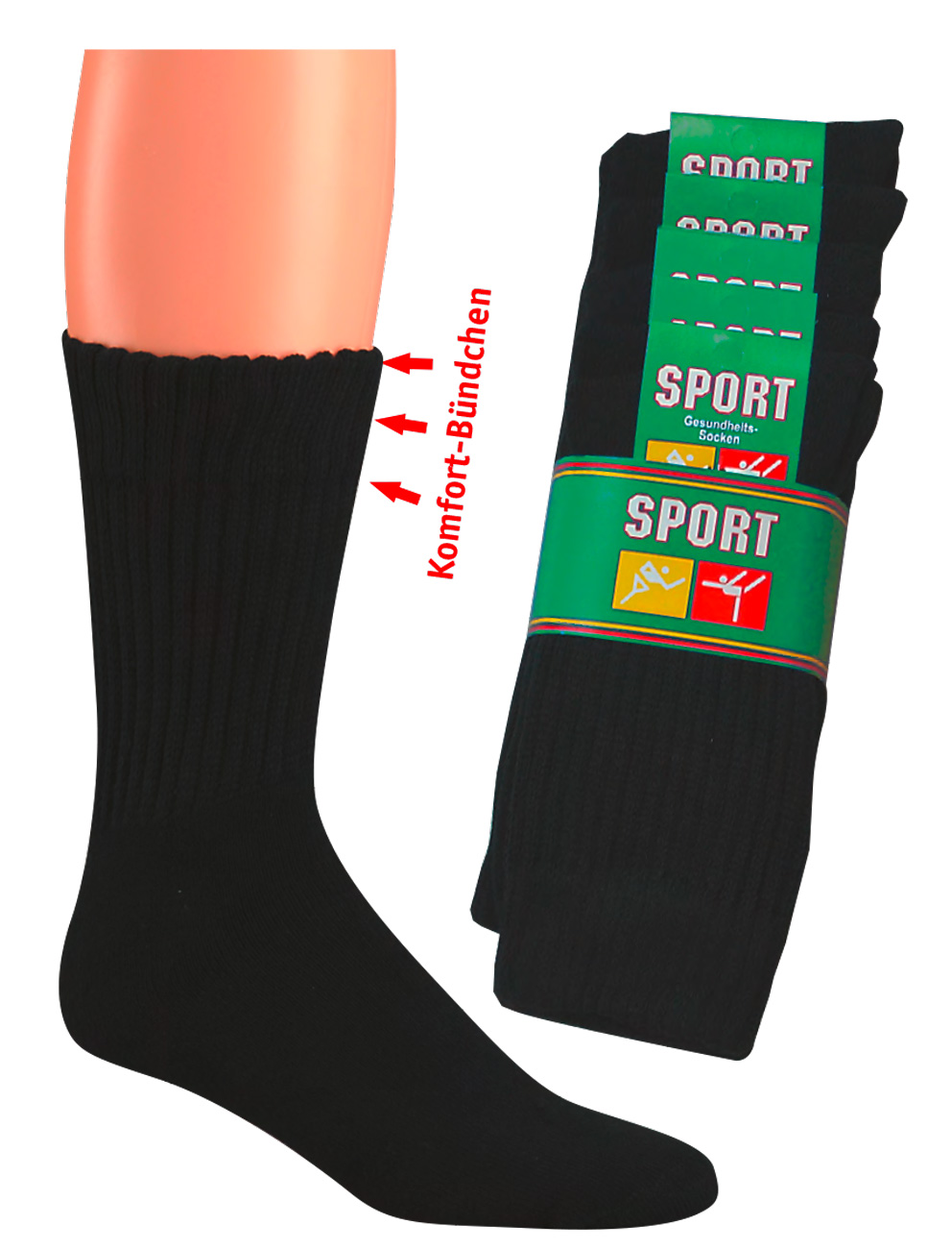 WOWERAT-Workwear, Tennissocken mit Komfortbündchen, umgenähter Rand, 5-er Pkg., schwarz