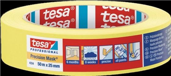 TESA-Präzisionskrepp® 4334 glatt gelb L.50m B.25mm Rl.