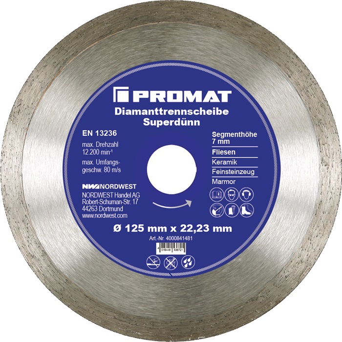 PROMAT-Trennscheibe Diamanttrennscheibe D.180mm Bohrung 25,4/22,23mm Fliesen 7mm