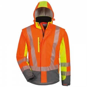 F-ELYSEE-Warnschutz, Warnschutz-Softshell Jacke, *ATANAS*, fluoreszierend orange/gelb/grau