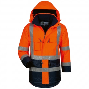F-ELYSEE-Warnschutz, Warnschutz-Parka, *LUIS*, fluoreszierend orange/marine abgesetzt